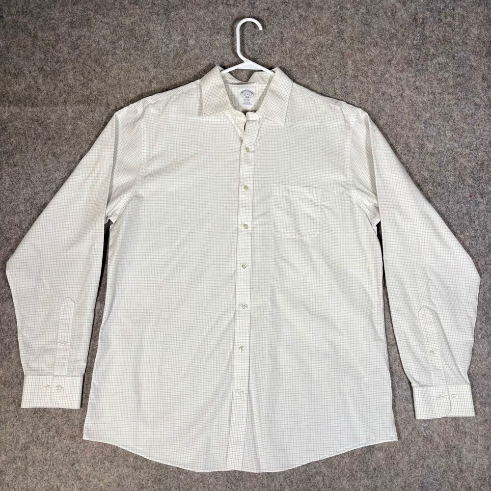 Brooks Brothers Dress Shirt Mens 17 34/35 White Green Regent Non-Iron Tattersall